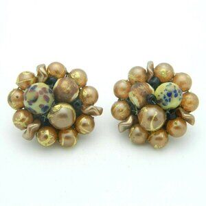 Japan Gold Blue Art Glass Bead Beaded Clip-On